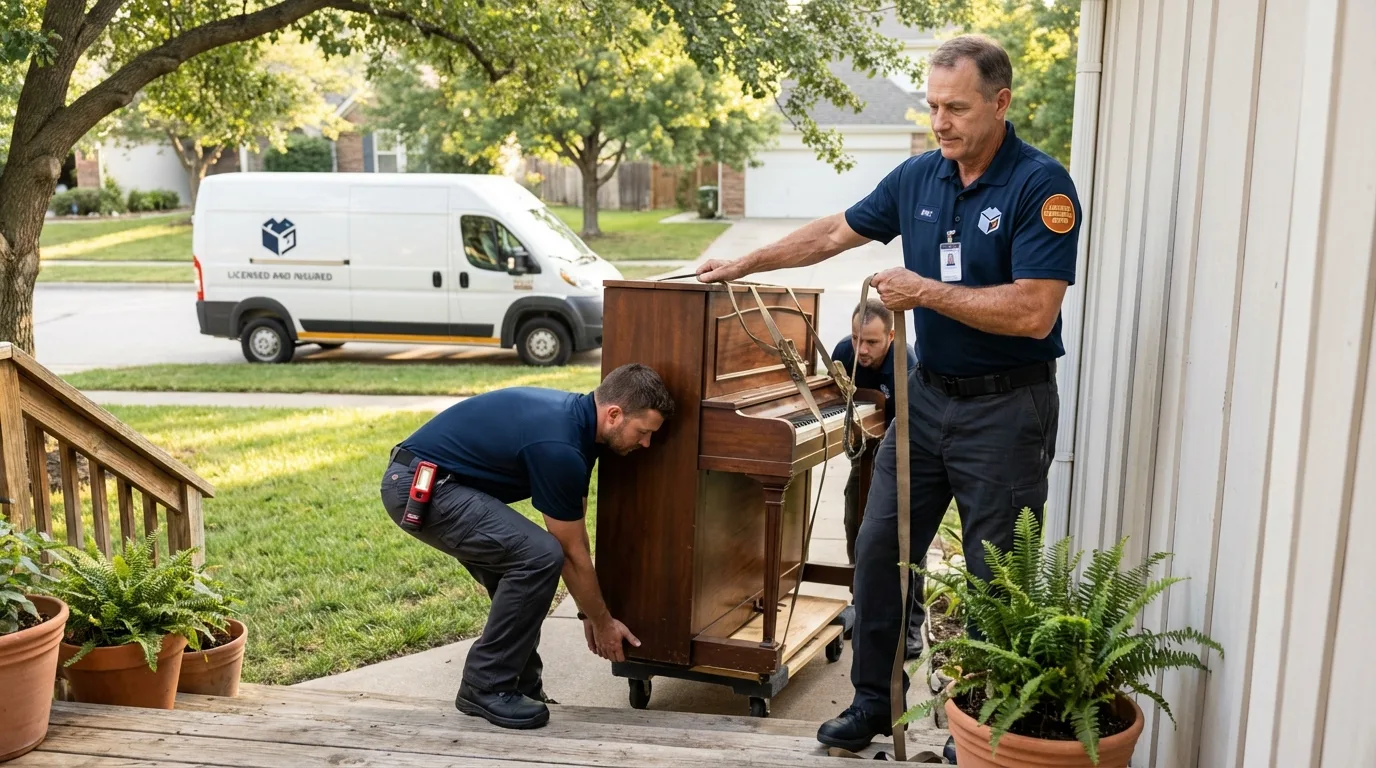 Licensed piano movers securing grand piano in Harrison, NJ