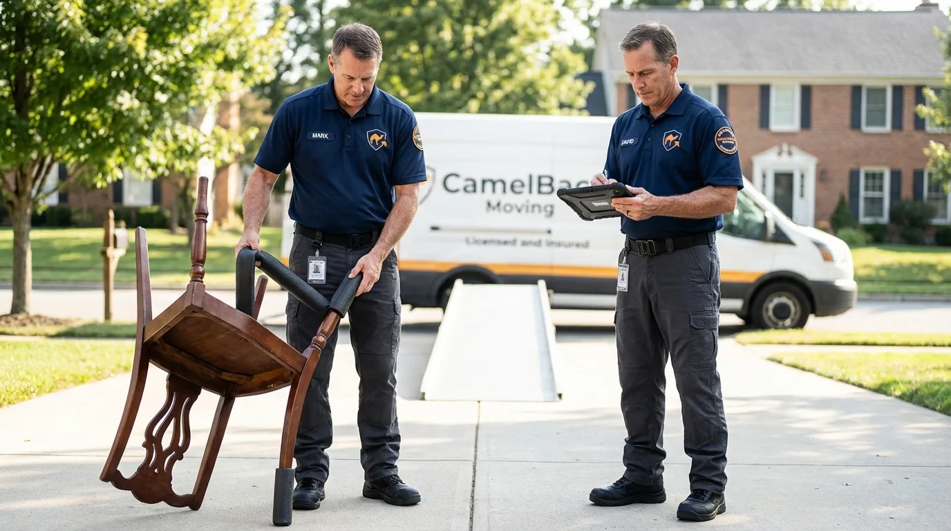 Movers inspecting furniture for damage prevention before loading in Harrison, NJ